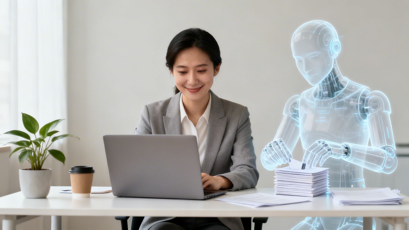 Naine töötab sülearvutiga, samal ajal kui läbipaistev AI-robot aitab paberimajandusega kaasaegses kontoris.