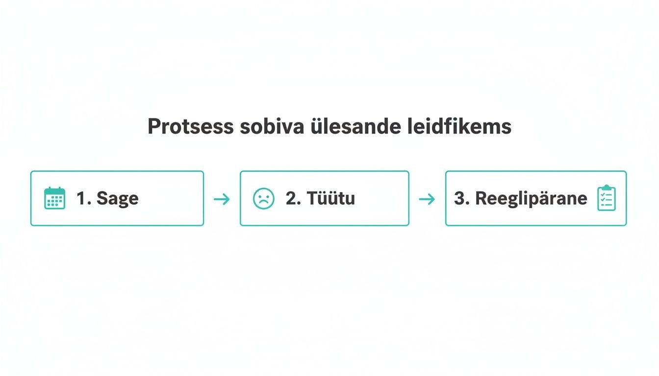 Skeem, mis kirjeldab sobiva ülesande leidmise protsessi: 1. Sage (kalendri ikoon), 2. Tüütu (kurb nägu), 3. Reeglipärane (kontroll-lehe ikoon).