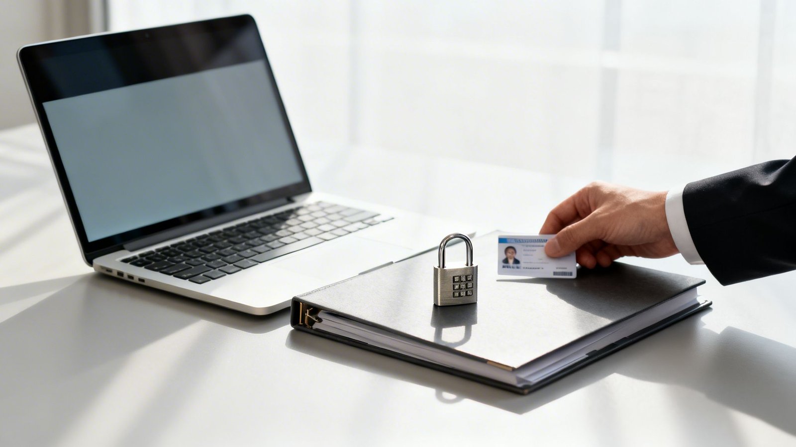Sülearvuti laual, kombineeritud lukk märkmikul ja käsi asetamas isikutunnistust. Kujutab andmeturvet ja privaatsust.