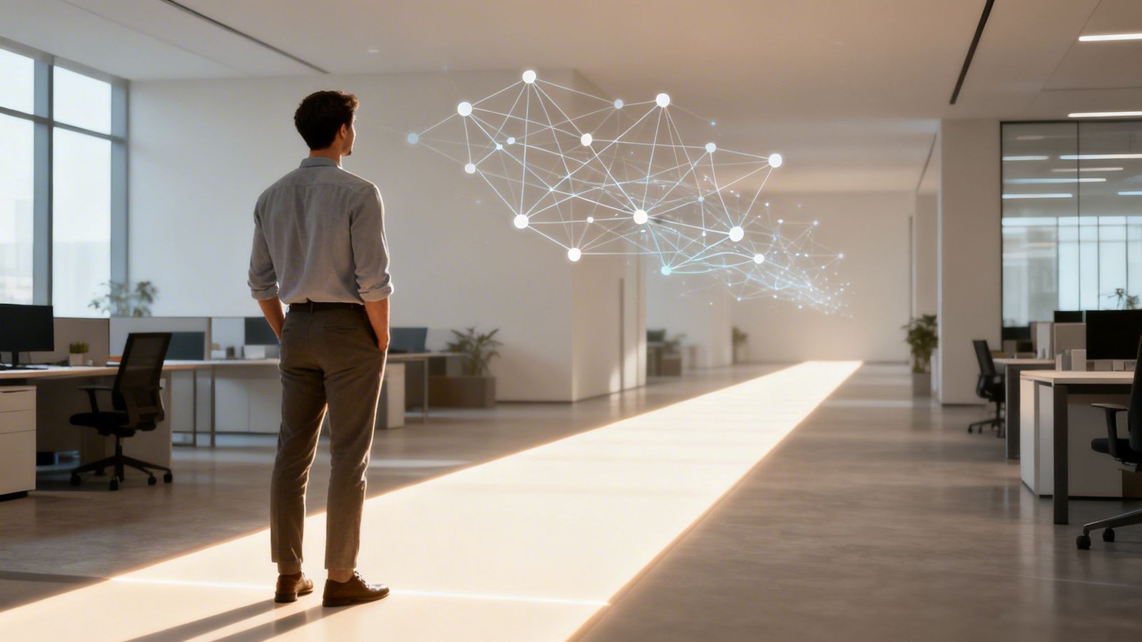 Noor mees vaatab avaras ja valgusküllases kontoris hõõguvat digitaalset võrgustikku.