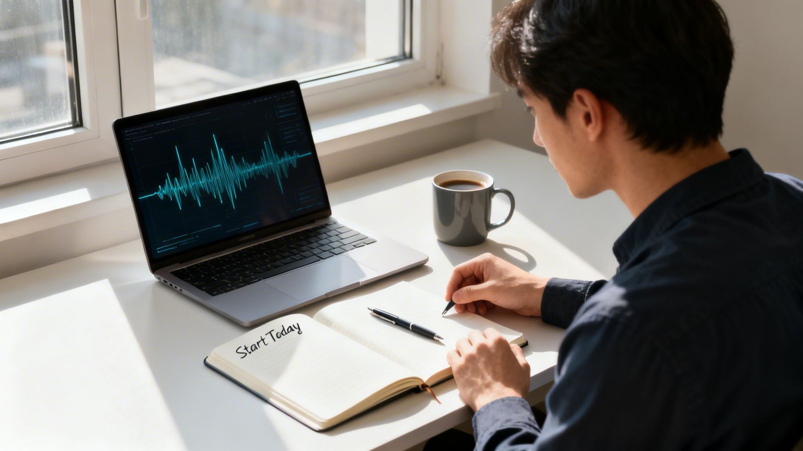 Noor mees töötab laua taga sülearvuti ja märkmikuga, millel on kirjas "Start Today".