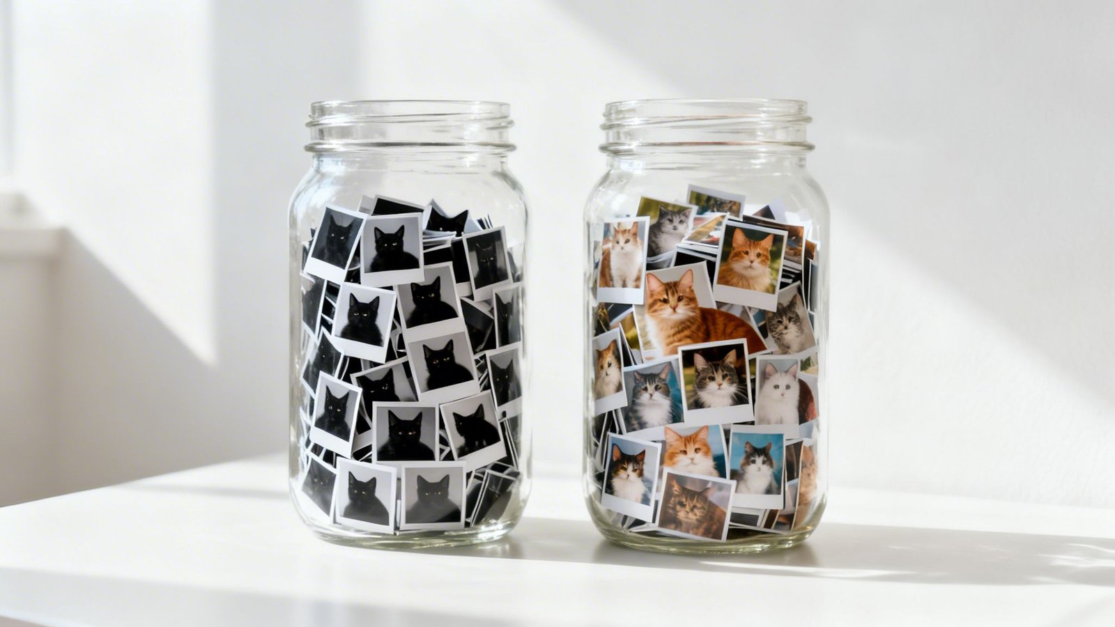 Kaks klaaspurki täis kasside polaroidfotosid, üks mustade kassidega ja teine värviliste kassidega.