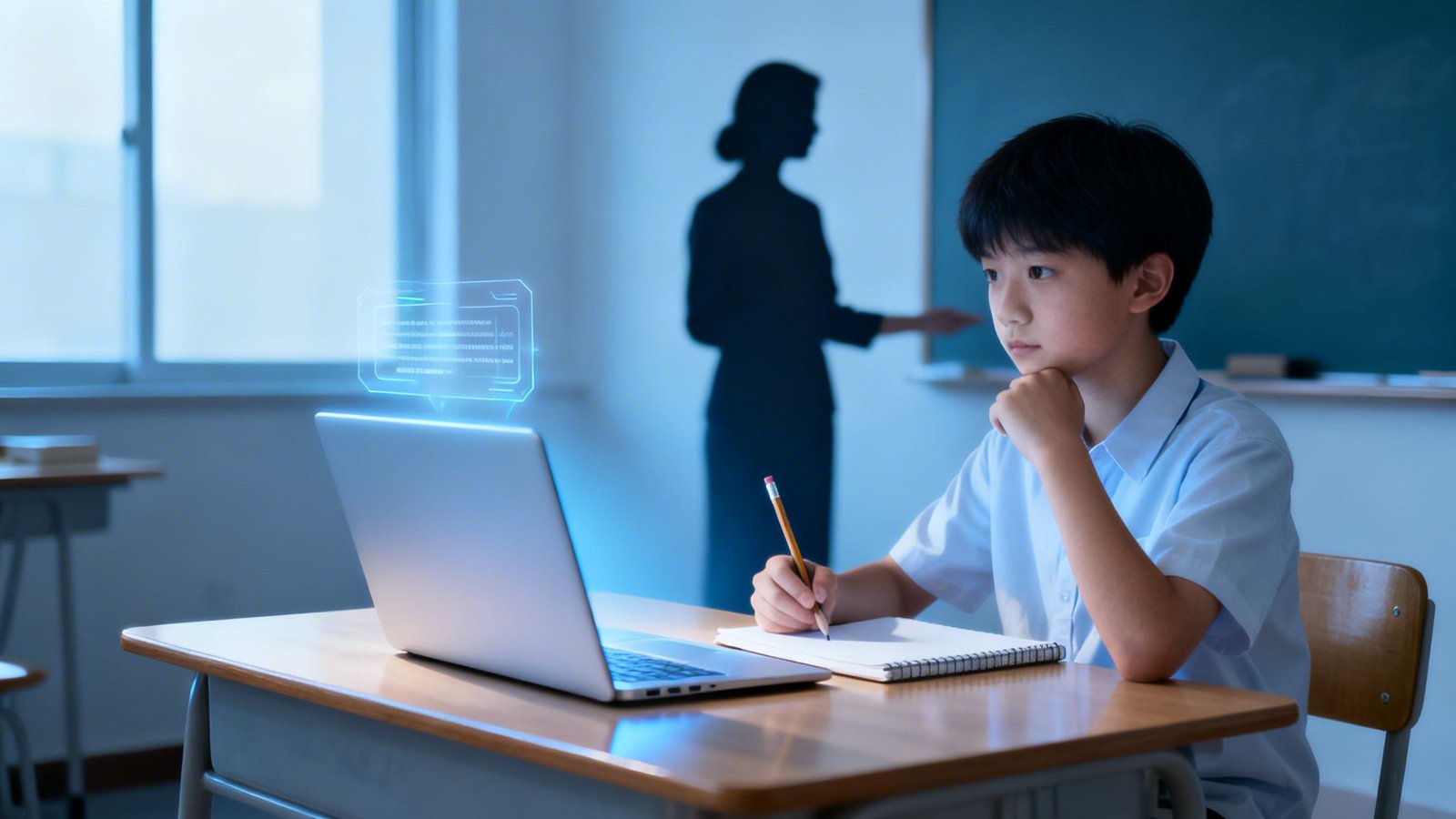Noor poiss klassiruumis sülearvuti ja holograafilise ekraaniga, kirjutades märkmikusse, õpetaja siluett taustal.