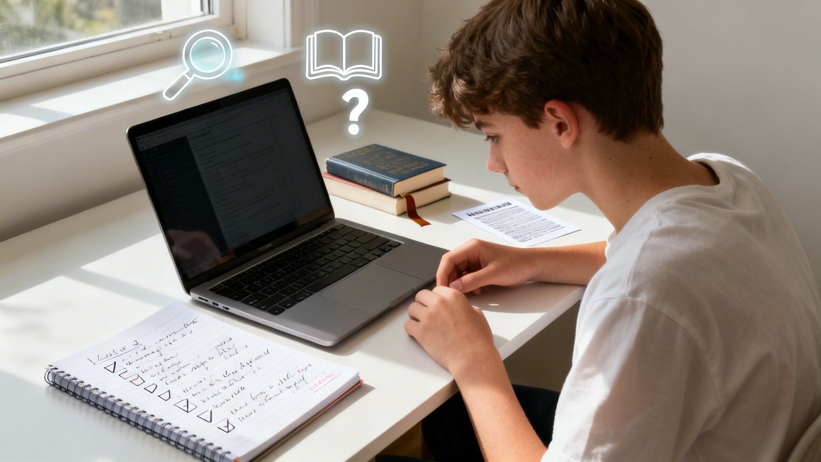 Noor õpilane õpib laua taga sülearvuti ja raamatutega, ekraani kohal helendavad õppeikoonid.
