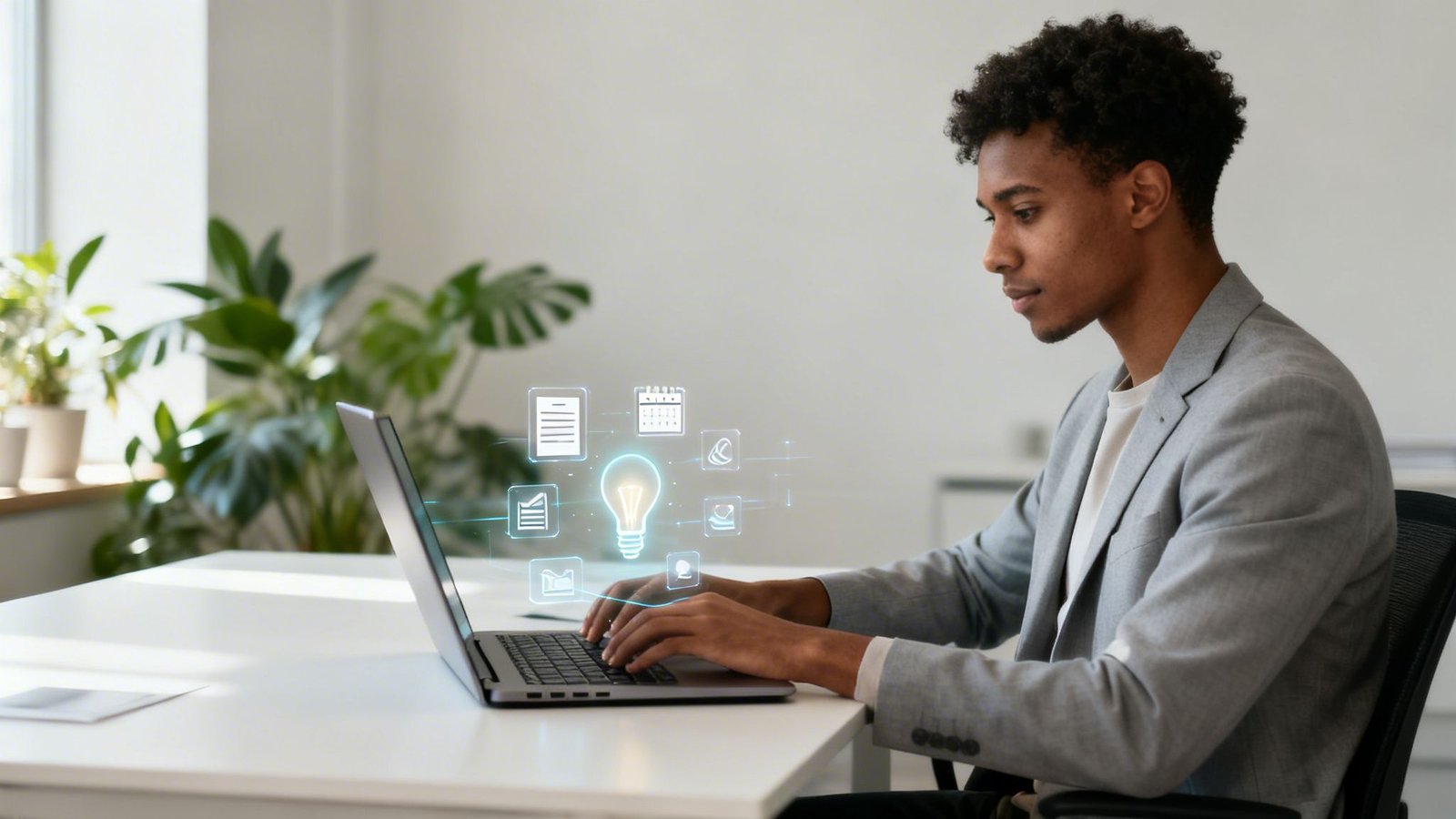 Mees kasutab sülearvutit AI-oskuste õppimiseks kontorikeskkonnas.