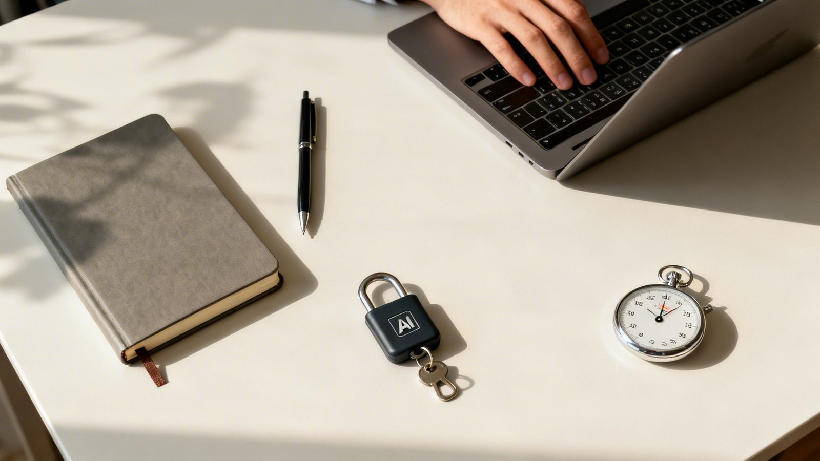 Sülearvuti, märkmik, stopper ja AI võtmehoidja laual