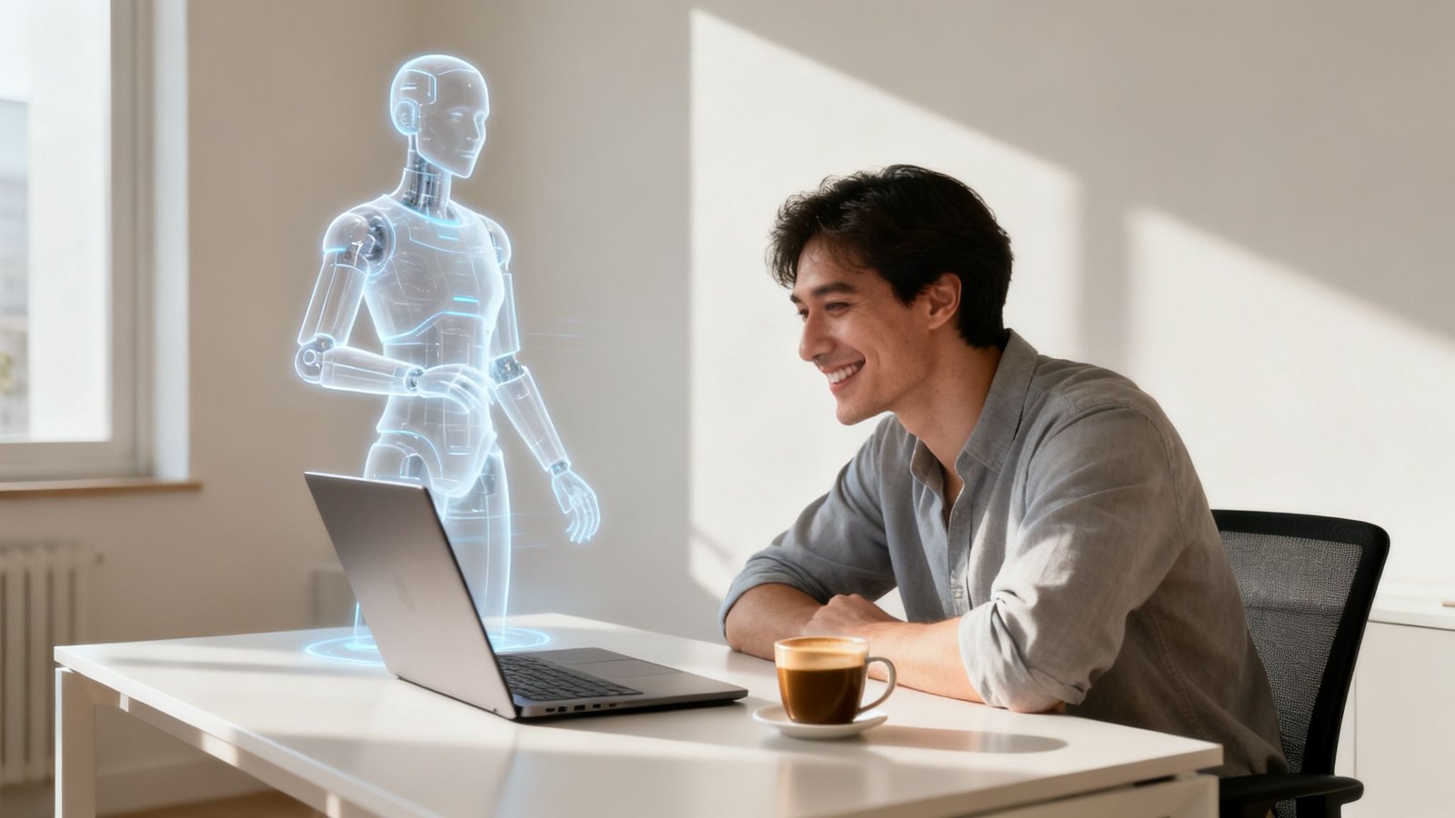 Noor mees vaatab sülearvuti kaudu holograafilist tehisintellekti robotit, laual on kohvitass.