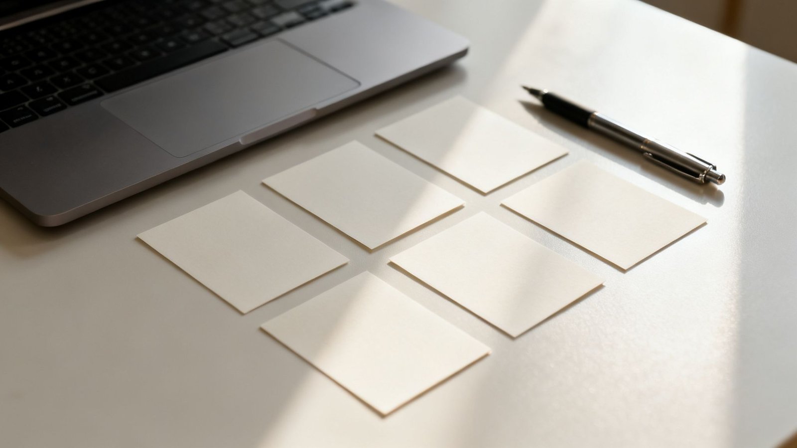 Sülearvuti, kuus tühja visiitkaarti ja pastapliiats laual, millel on päikesevalgus ja varjud.