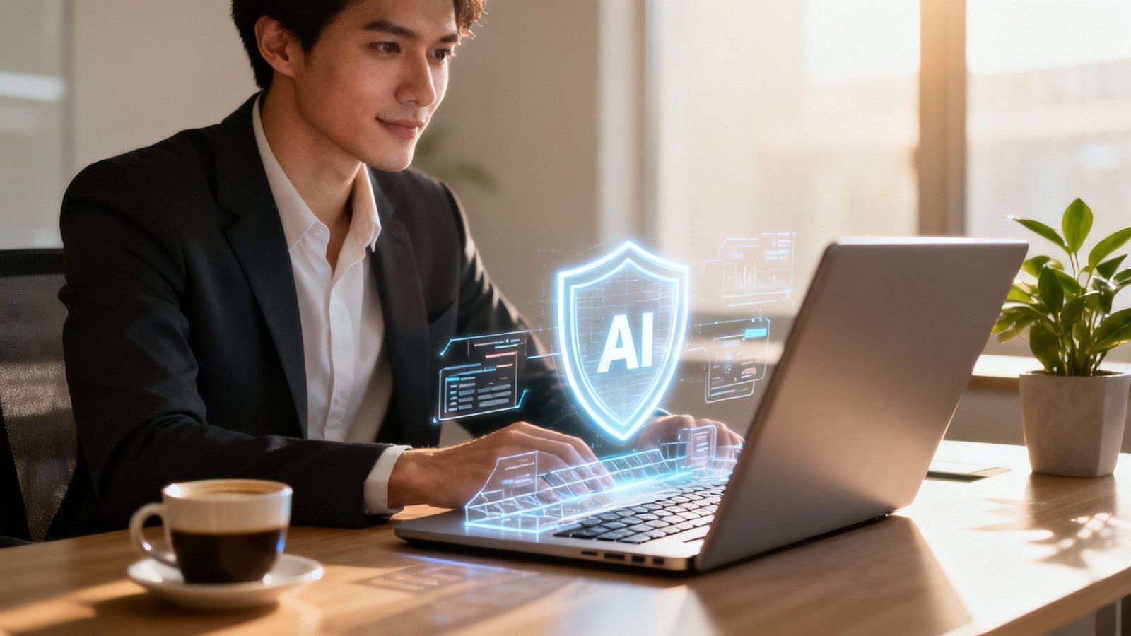 Mees kasutab AI-tööriistu sülearvutil, esiplaanil AI logoga turvakilp.