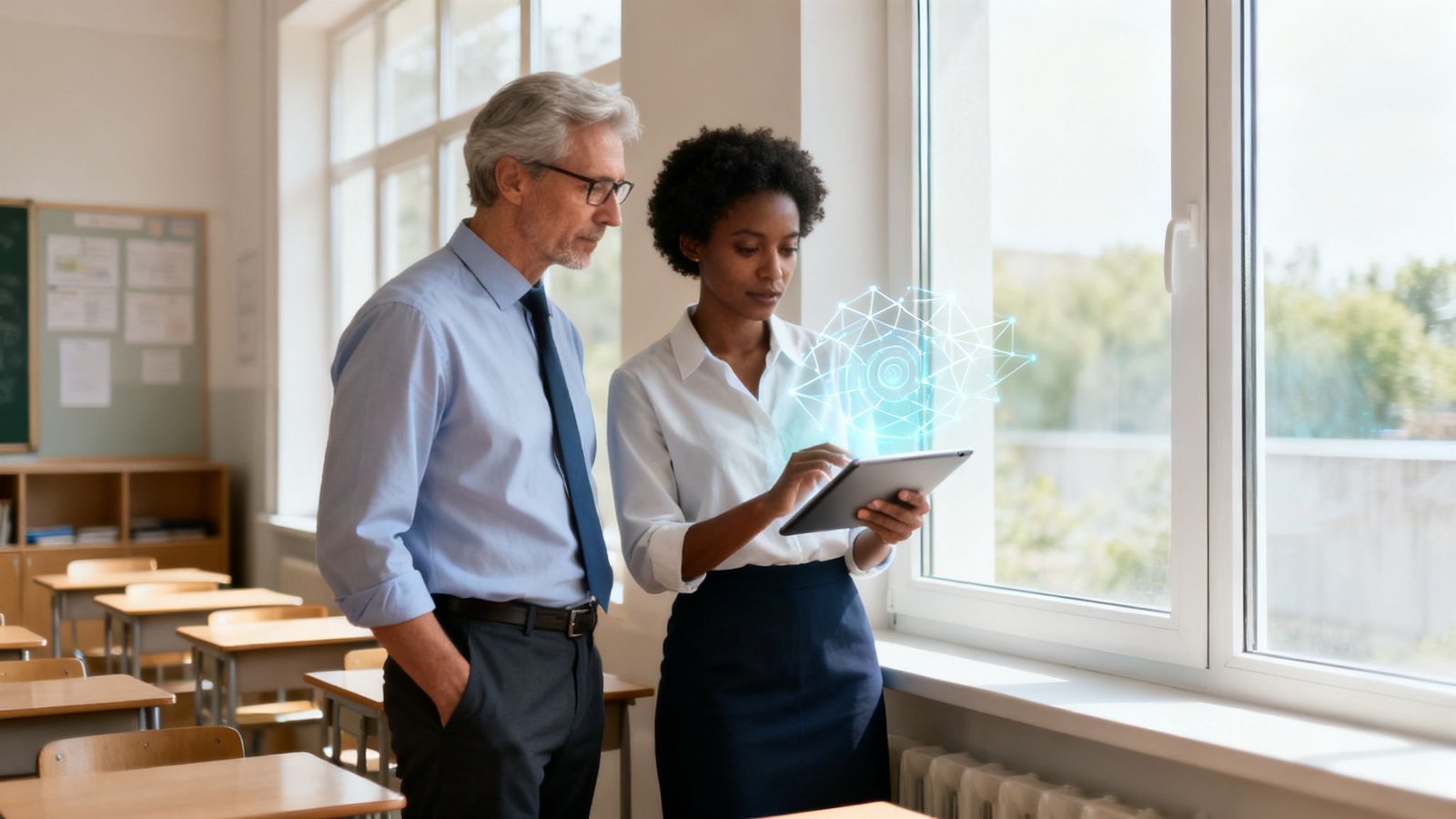 kaks &otilde;petajat arutavad klassiruumis tahvelarvutit kasutades