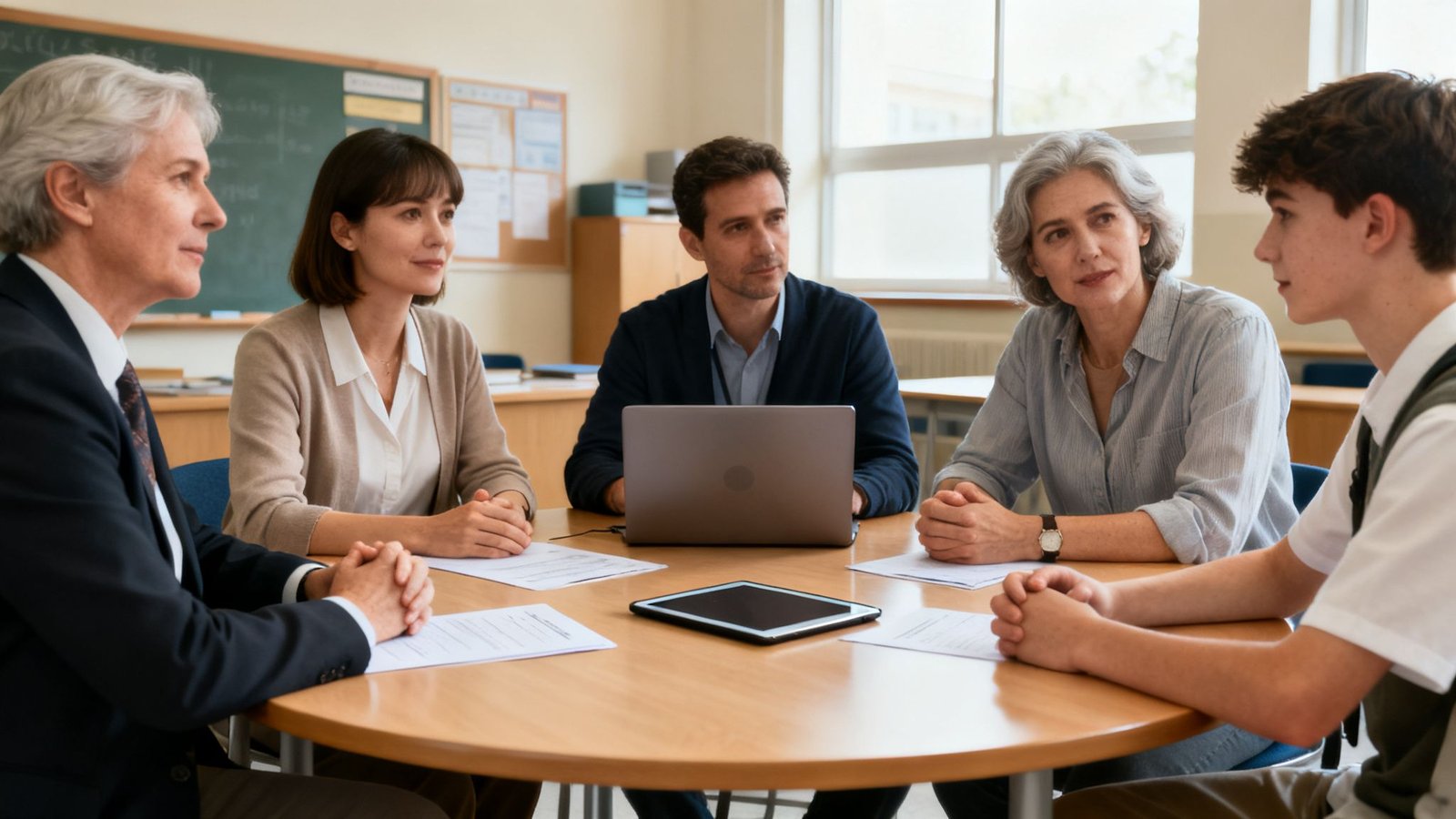 koolilaua &uuml;mber arutamas &otilde;petajad ja &otilde;pilane