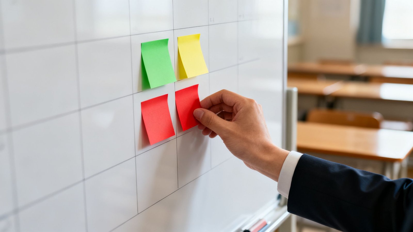 K&auml;si asetab tahvlile v&auml;rvilisi m&auml;rkmepabereid klassiruumis.