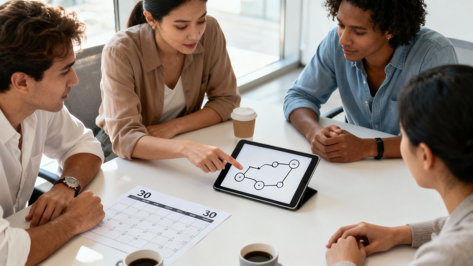 Neli kolleegi arutavad tahvelarvutis nähtavat diagrammi koosolekul, kohvitassid laual.