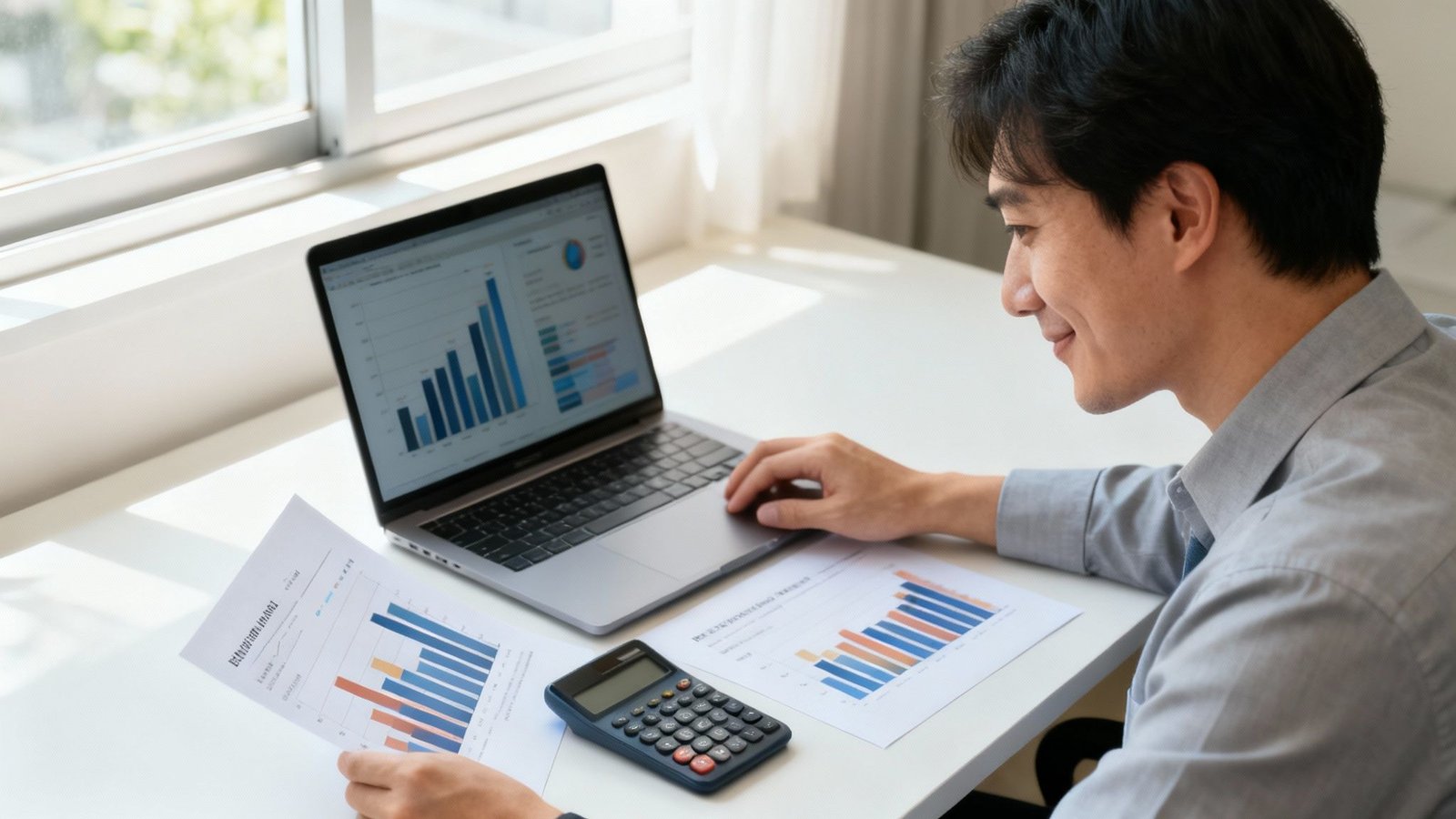 Mees istub laua taga sülearvuti ja finantsdokumentidega. Ta analüüsib graafikuid ja kasutab kalkulaatorit.
