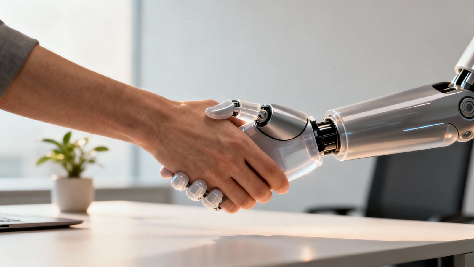 K&auml;epigistus inimese ja roboti vahel laual asuva taime k&otilde;rval.