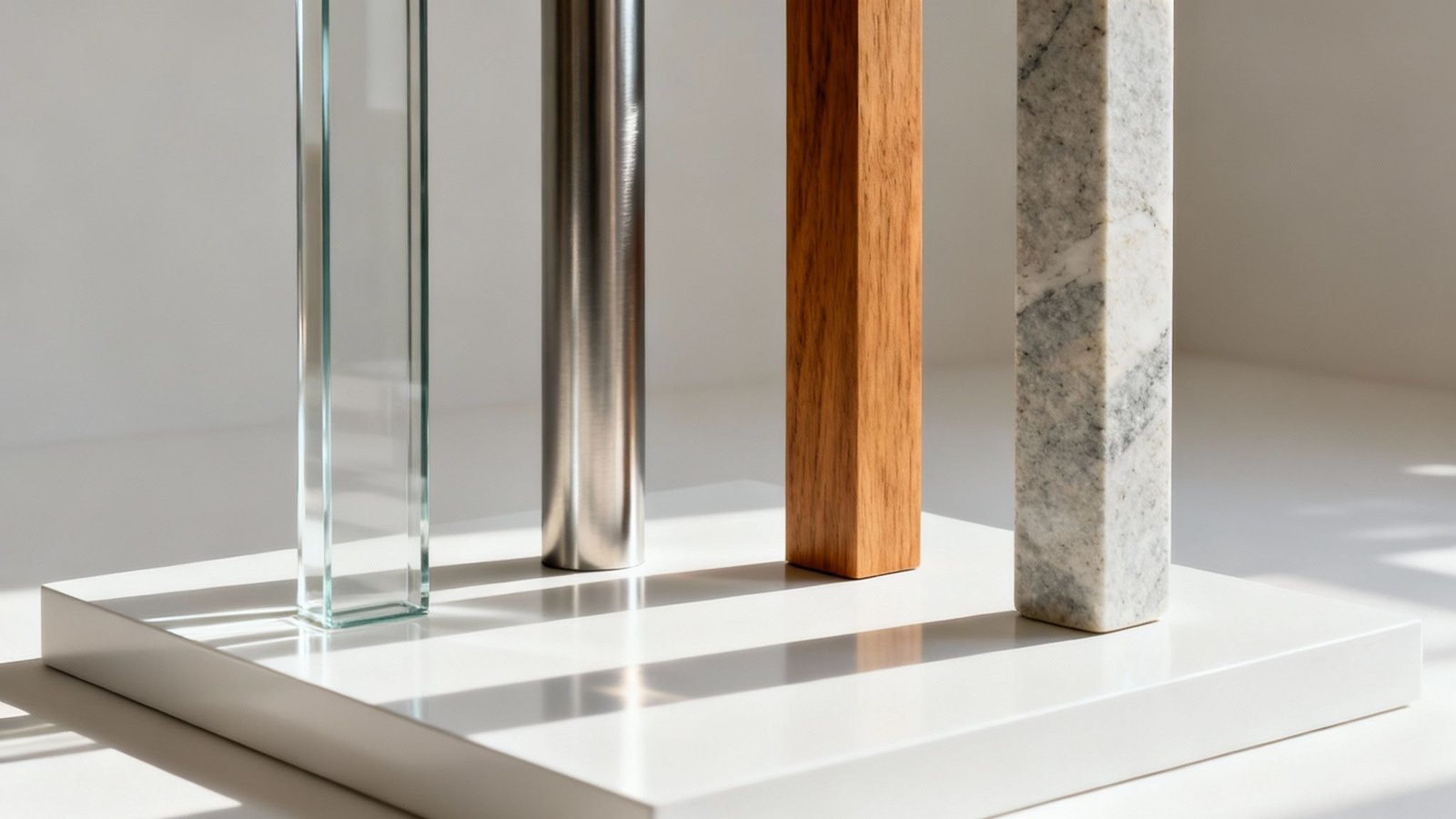 Neli erinevast materjalist sammaskujulist objekti valgel alusel