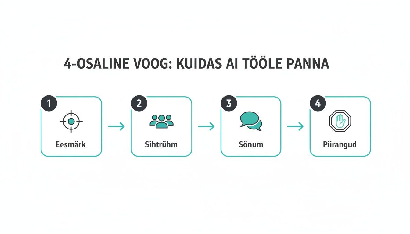 Skeem kirjeldab 4-osalist protsessi tehisintellekti rakendamiseks: eesmärk, sihtrühm, sõnum ja piirangud.