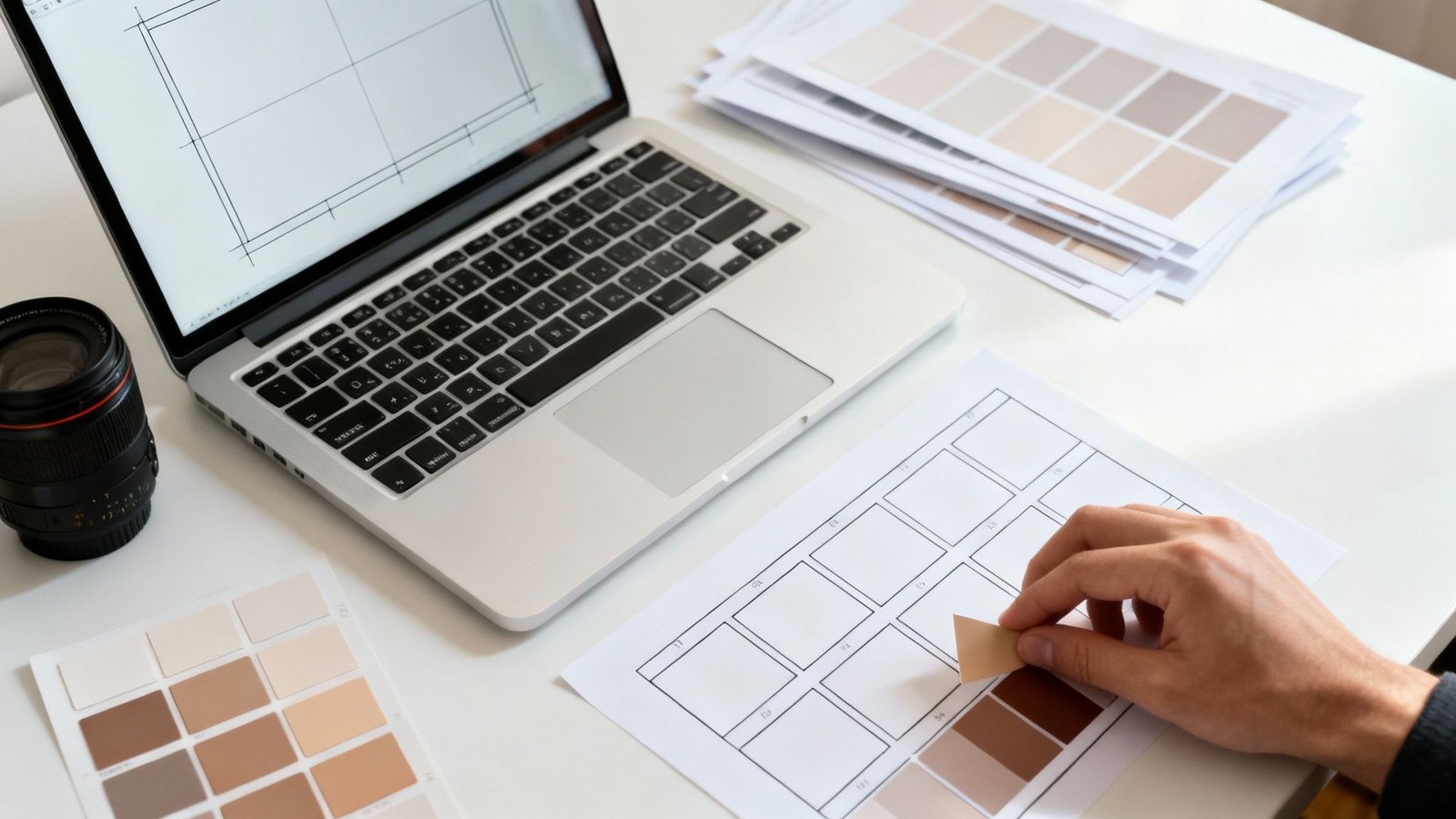 Disaineri käsi hoiab värviproovi sülearvuti ja plaanidega laual.