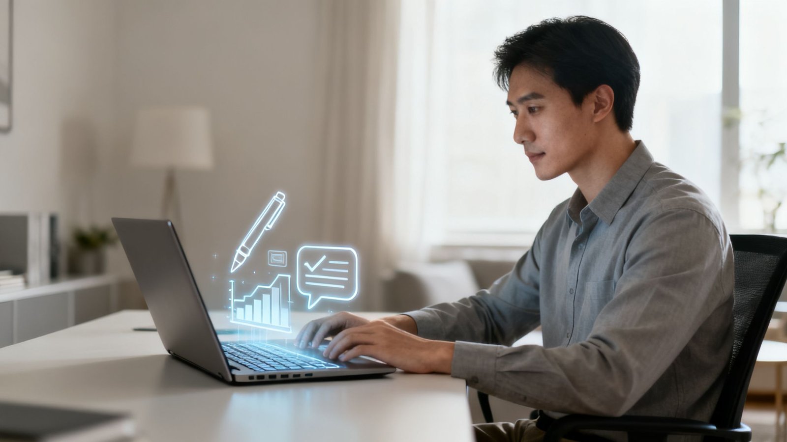 Noor Aasia mees töötab sülearvutiga, millel kuvatakse helendavad holograafilised andmeanalüüsi ja tootlikkuse ikoonid.