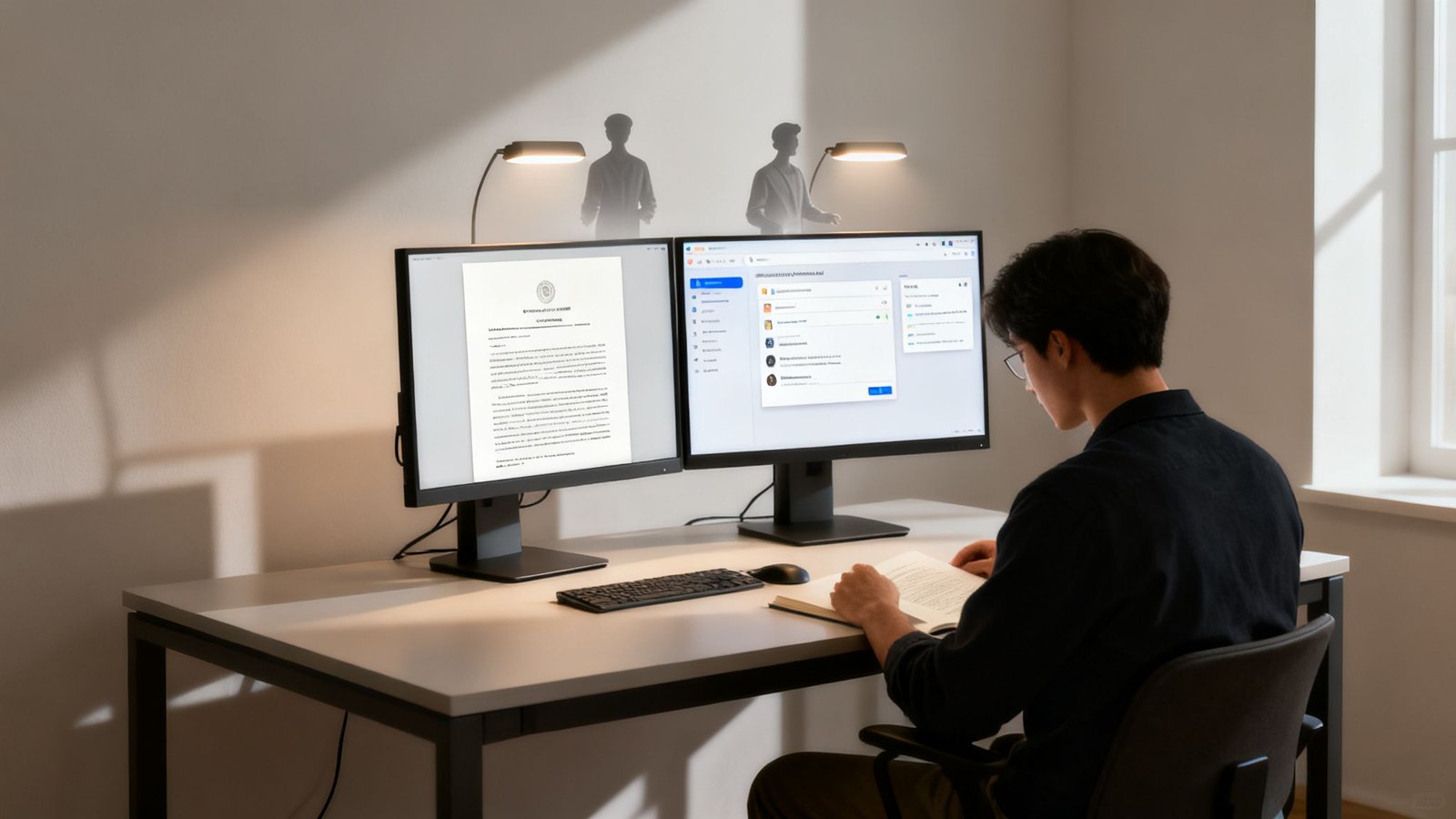 Noormees prillidega töötab kahel monitoril ja loeb raamatut laua taga, valgustavad lambid ja varjud.