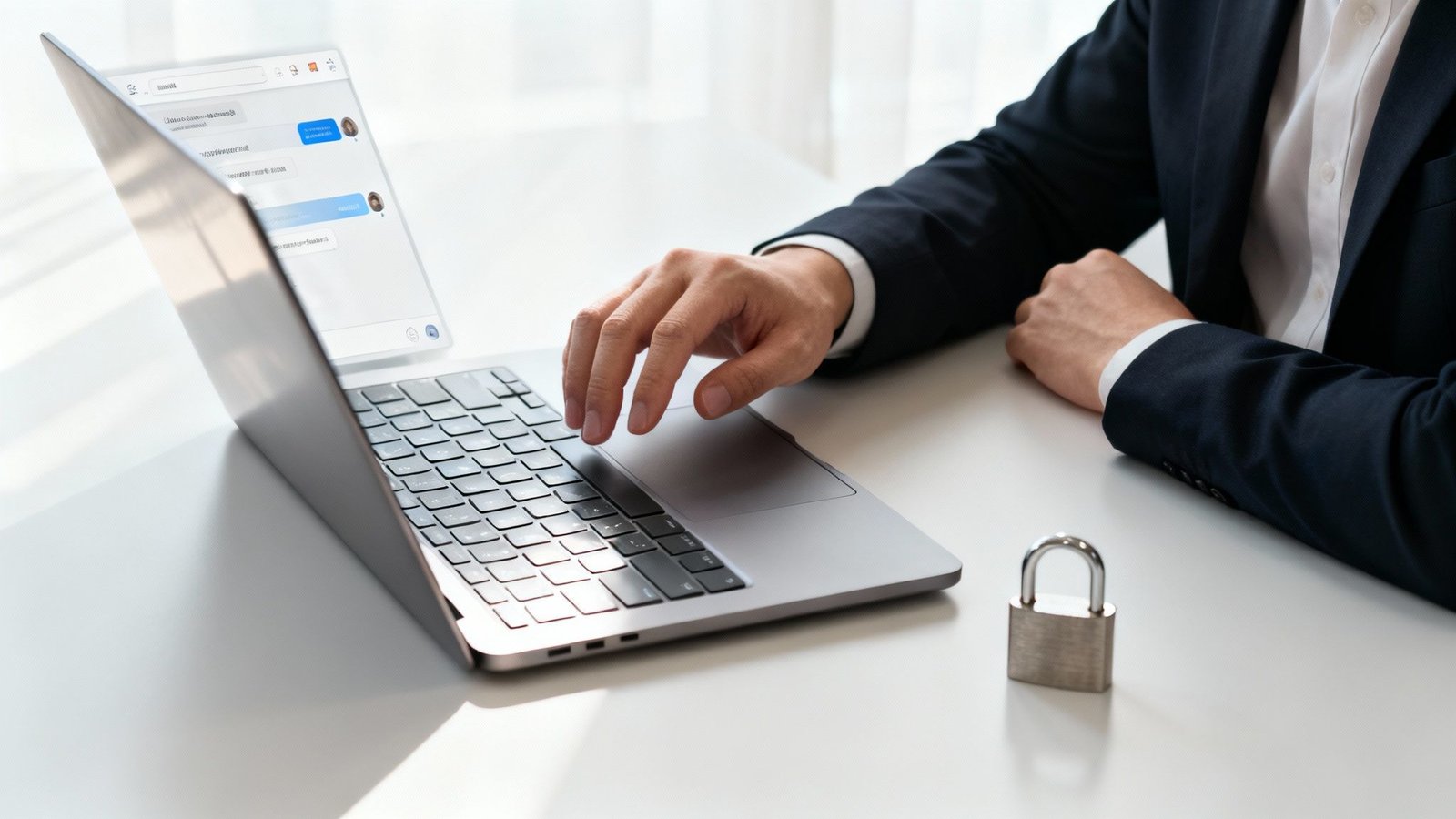 Mees kasutab sülearvutit, mille ekraanil on vestlus. Laual on tabalukk, sümboliseerides digitaalset turvalisust.