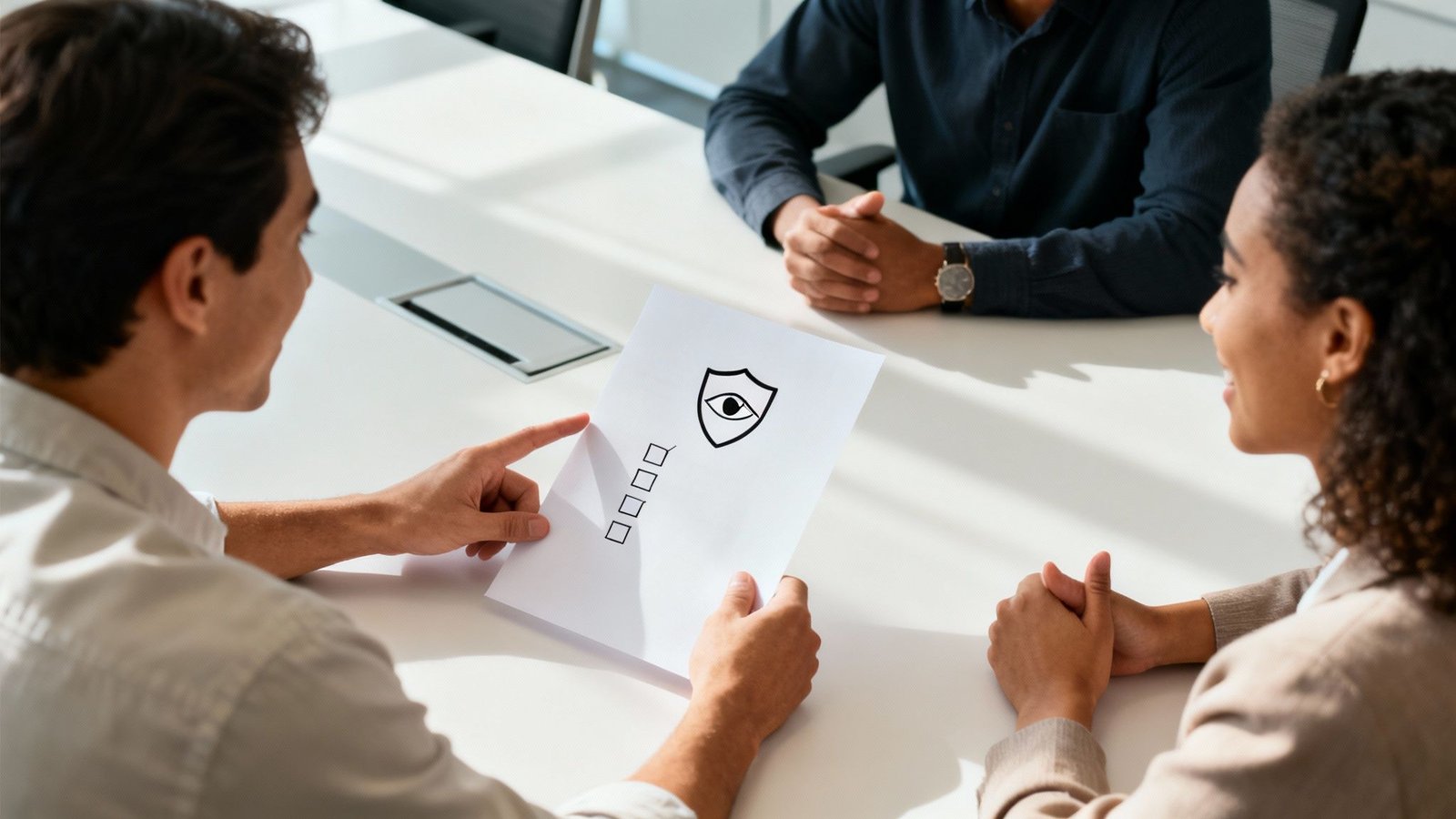 Inimesed kontorilaua taga vaatavad lepingut turvalisuse ja andmekaitse teemal.