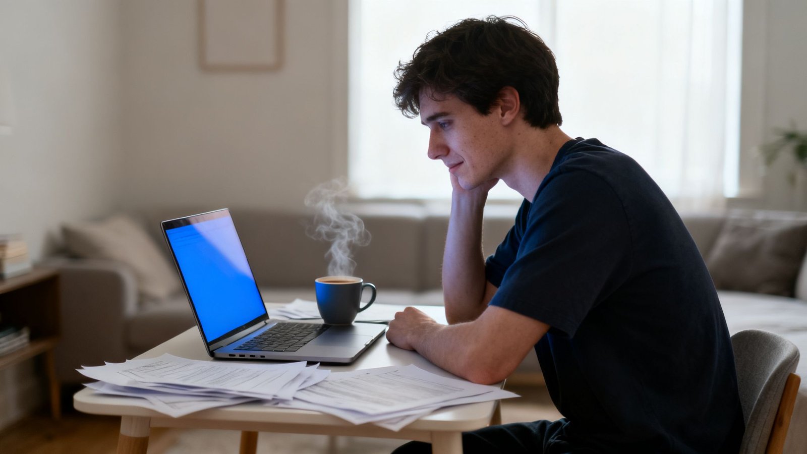 Noor mees kasutab sülearvutit õppimise ajal