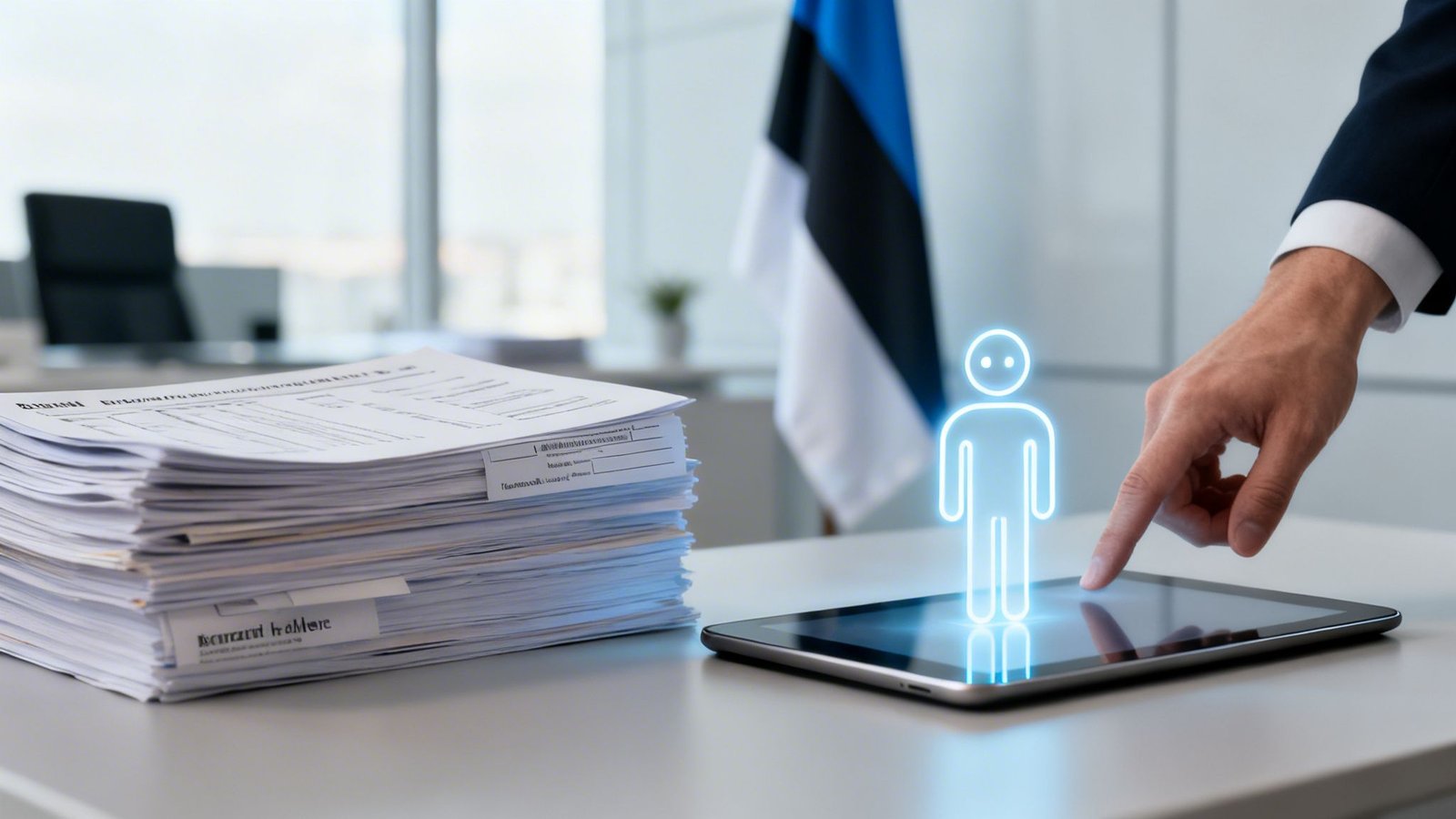 Käsi puudutab tahvelarvutit helendava inimkujuga, paberivirna ja Eesti lipuga taustal. Sümboliseerib e-teenuseid.