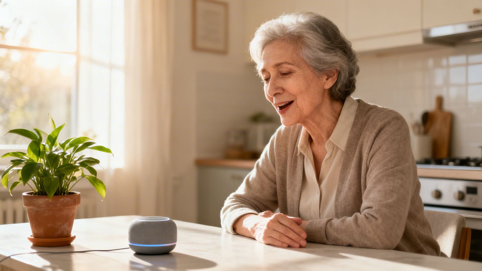 Eakas naine suhtleb naeratades nutikõlariga kodus, laual on taim ja tagaplaanil päikseline aken.