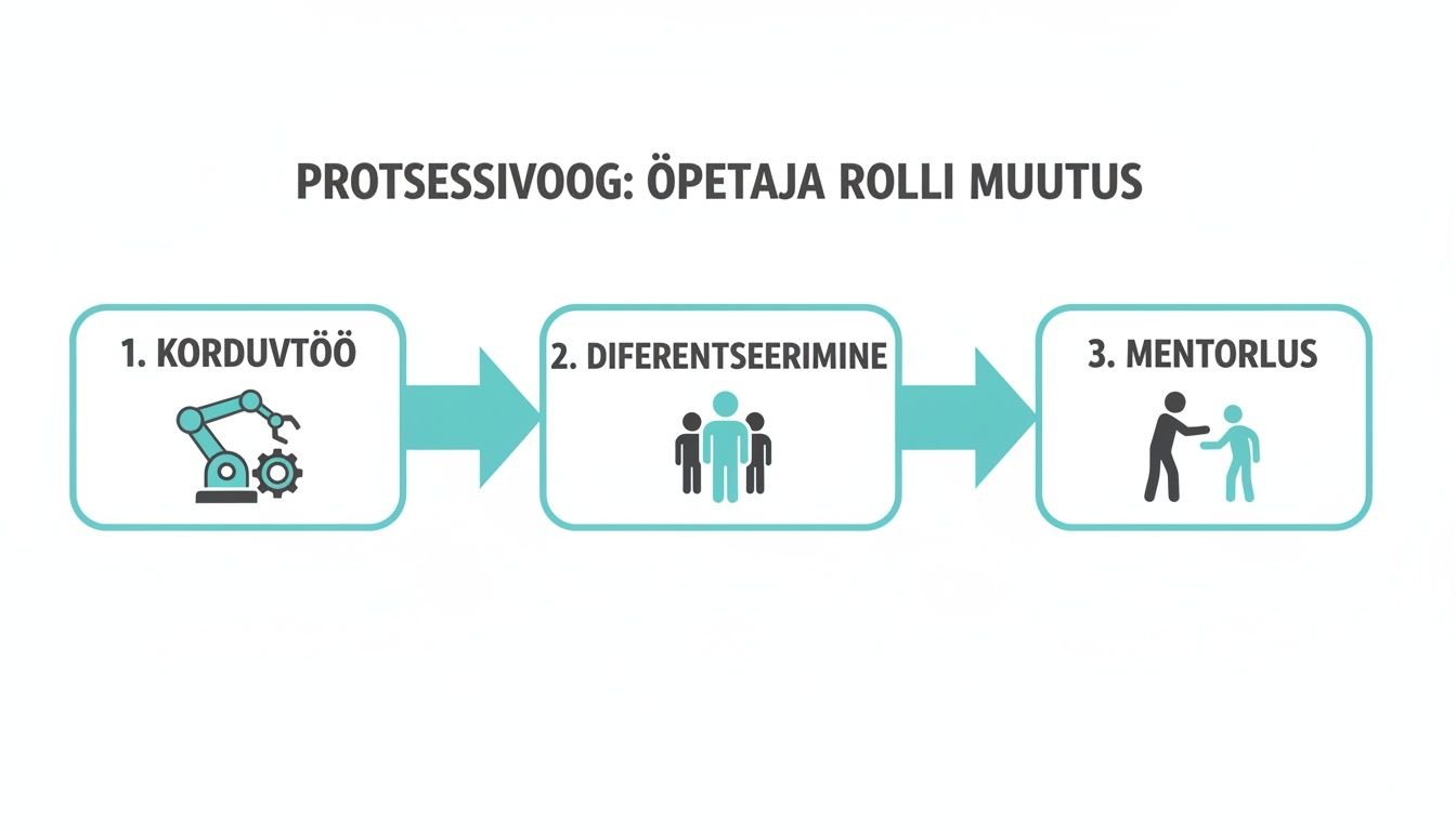 Protsessivoog õpetaja rolli muutumisest: korduvtöölt diferentseerimisele ja mentorlusele. Kolm etappi koos ikoonidega.