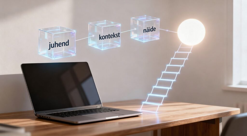 Sülearvuti laud lambiga, mille kohal on kolm hõljuvat kuupi sõnadega 'juhend', 'kontekst' ja 'näide'. Kuubikutest viib trepp valgusallika suunas.