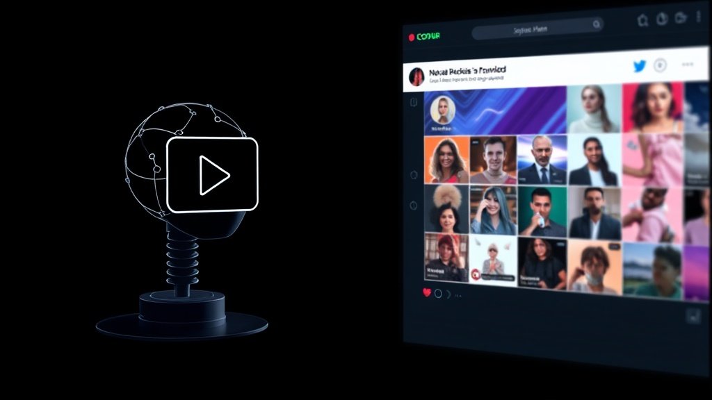 Abstraktne pilt OpenAI Sora surmast kõrvuti Bluesky Attie AI-rakendusega, mis ehitab kohandatud sotsiaalvooge, tumedas premium stiilis