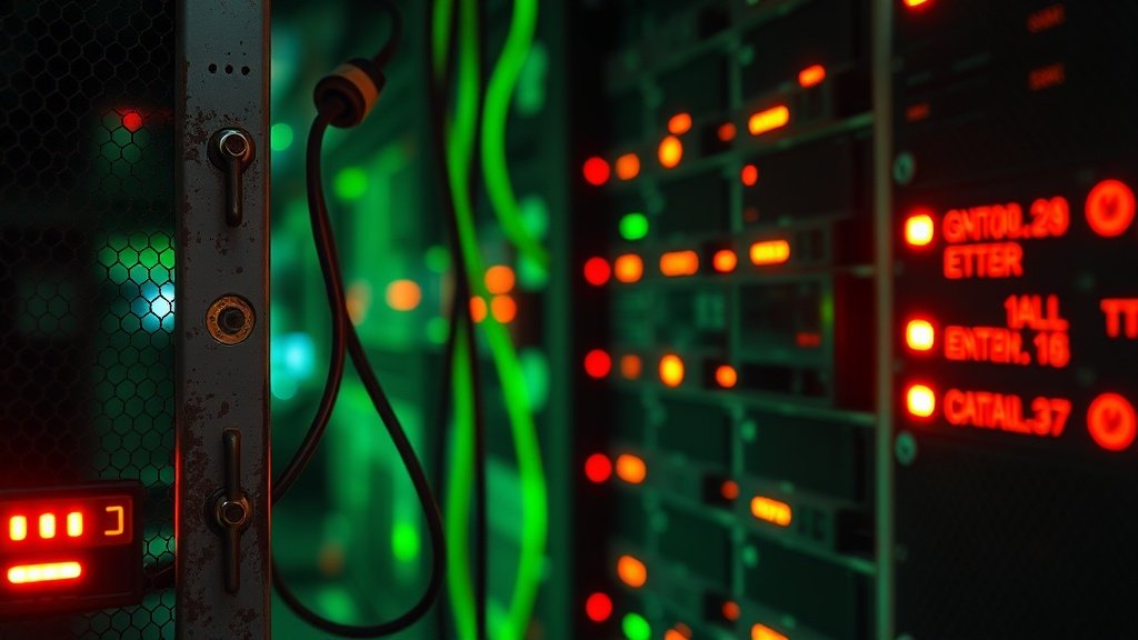 Editorial photorealistic makrofotograafia kulunud metallist serveririiulist andmekeskuses, kus rohelised andmevoogude jooned segunevad punaste hoiatussignaalidega, sügav teravussügavus ja draamaline valgustus