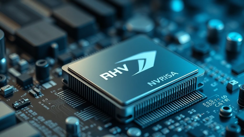 Makrofotograafia detailne Nvidia GPU kiip, mille metallist pinnad peegeldavad sinakat valgust, r&otilde;hutades Euroopa investeeringuid AI taristusse