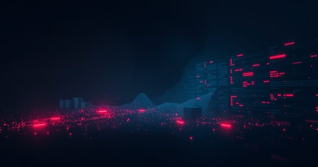 Tume futuristlik illustratsioon lekkivast AI mudelist, purunevast andmebaasist ja küberjulgeoleku varjudest, mis sümboliseerivad Anthropic Claude Mythos'i lekkimist 2026. aastal