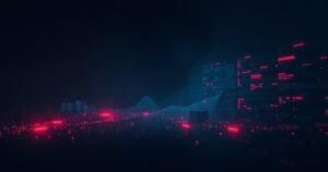 Tume futuristlik illustratsioon lekkivast AI mudelist, purunevast andmebaasist ja küberjulgeoleku varjudest, mis sümboliseerivad Anthropic Claude Mythos'i lekkimist 2026. aastal