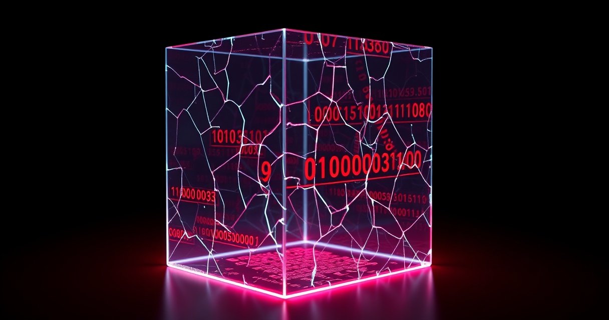 Kõrge resolutsiooniga makrofotograafia hõõguvast klaaskuubist, mille sees on punased ja sinised digitaalsed haavatavuste koodiridad, tumedal minimalistlikul taustal, esindades AI küberrünnakute ohtu