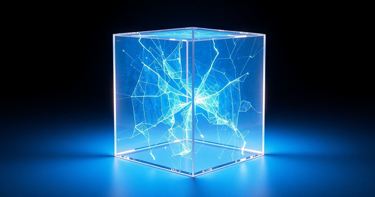 Tume minimalistlik stuudiofoto, kus läikiv klaaskuub hõõgub sinakasvalge valgusega tumedal taustal, sümboliseerides AI usalduse lõhet ja läbipaistmatuses peituvat ohtu