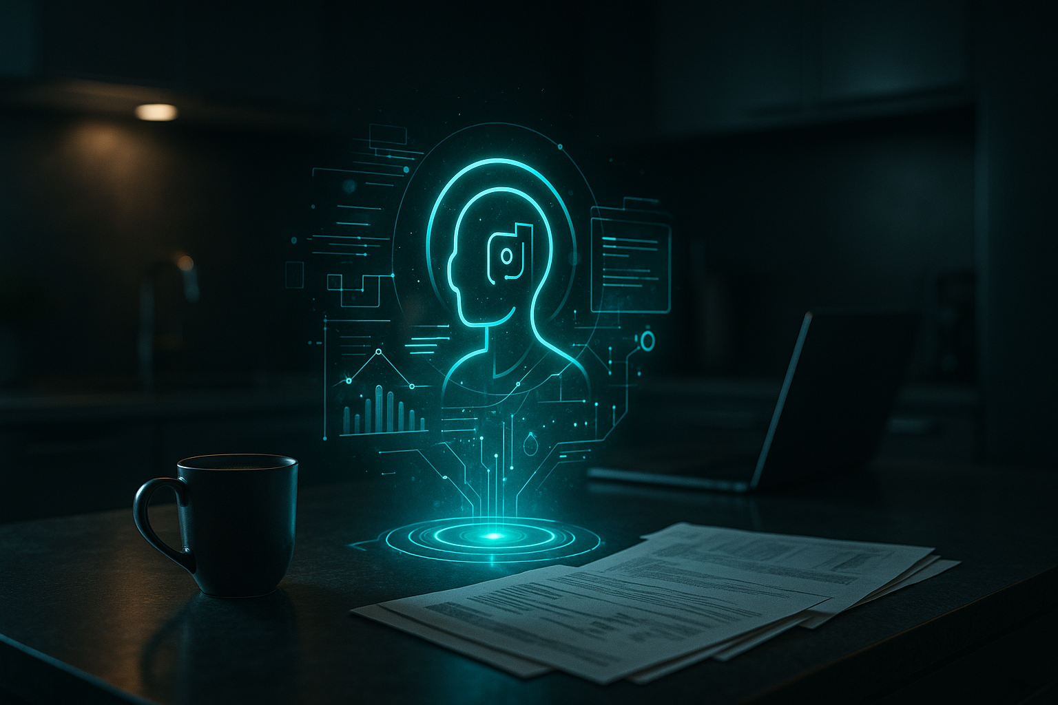 Hologramm tehisintellekti sümboliga laual arvuti kõrval