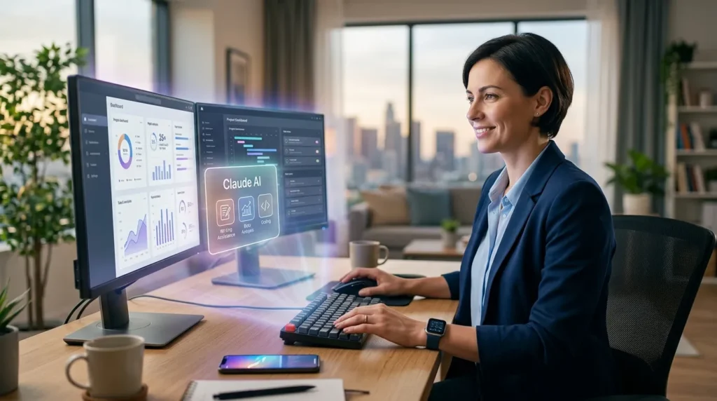 Professionaal kasutamas Claude AI tööriistu arvutis.