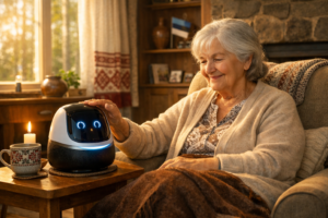 Eakas naine suhtleb sõbraliku AI robotiga elutoas.