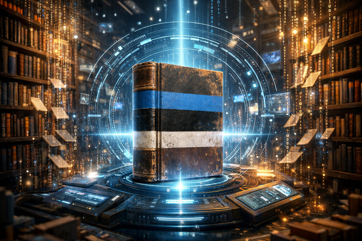 Esteetilise trükiga Eesti lipp raamat tehisintellekti keskuses.