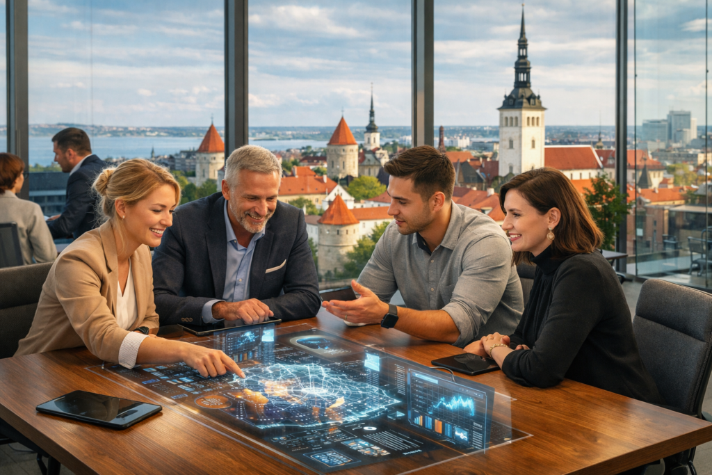 Inimesed arutavad AI tulevikku digitaalsel töölaual Tallinna taustal