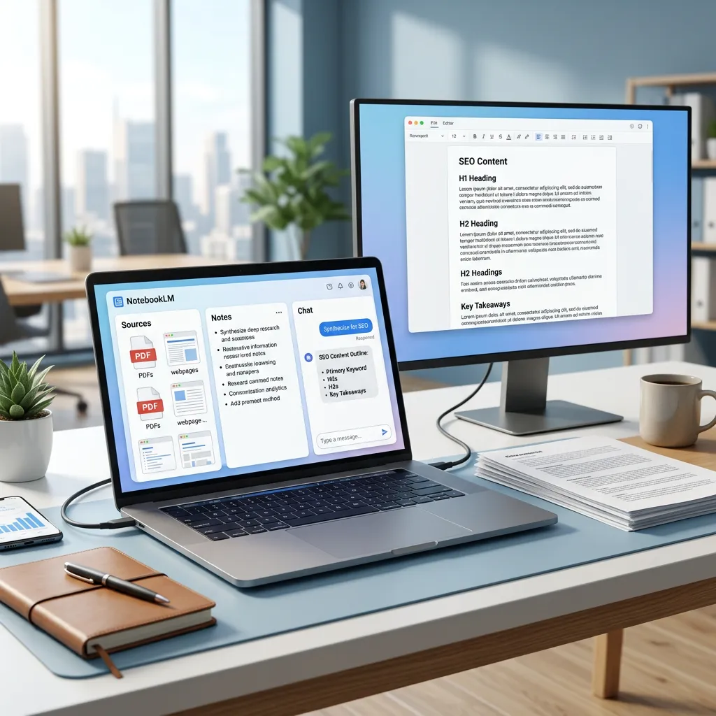 AI tööriistad: SEO sisu loomine minutitega Kahekordne arvutiekraan SEO sisu loomise protsessiga