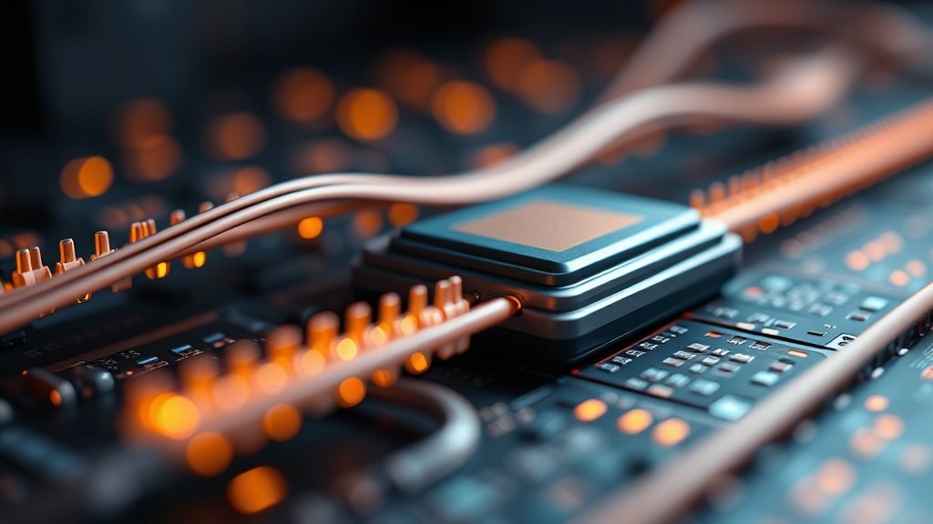 Fotorealistlik makrofotograafia optilisest kiust ja silikoonfotonika kiibist, mis ühendab AI andmekeskuste servereid, detailne, sügav teravussügavus, draamatiline valgustus