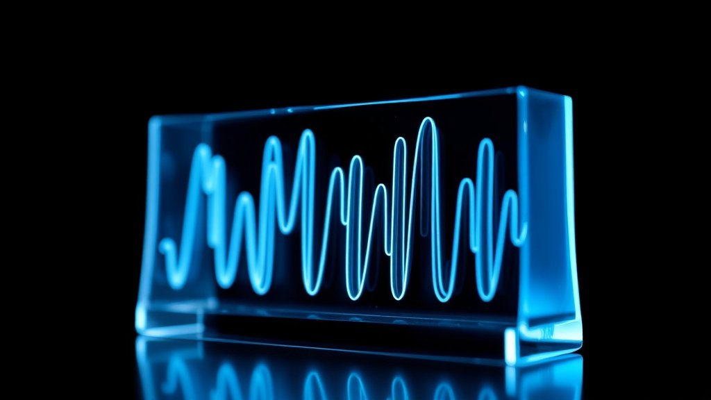 Makrofotograafia detailne klaasist k&otilde;lar, mis visualiseerib AI h&auml;&auml;le s&uuml;nteesi ja muusika genereerimist, s&uuml;gava teravuss&uuml;gavusega, dramaatilise kinematograafilise valgustusega