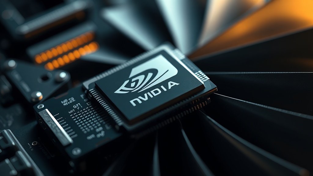 Kõrge eraldusvõimega makrofoto Nvidia GPU serverirackist koos läikiva metallist turbiini detailidega, peegelduvad sinised ja rohelised tuled, editorial photorealistic stiilis
