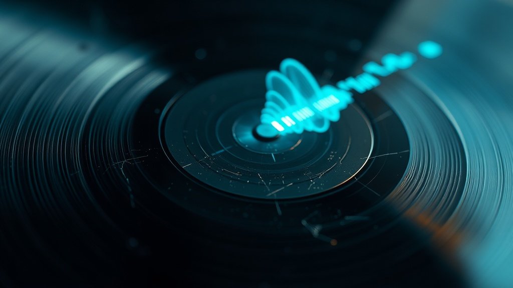 Makrofotograafia vanast vinüülplaadist, mille peal hõljub AI genereeritud digitaalne häälilaine, segunedes päris akustilise kitarri detailidega, editorial photorealistic stiilis