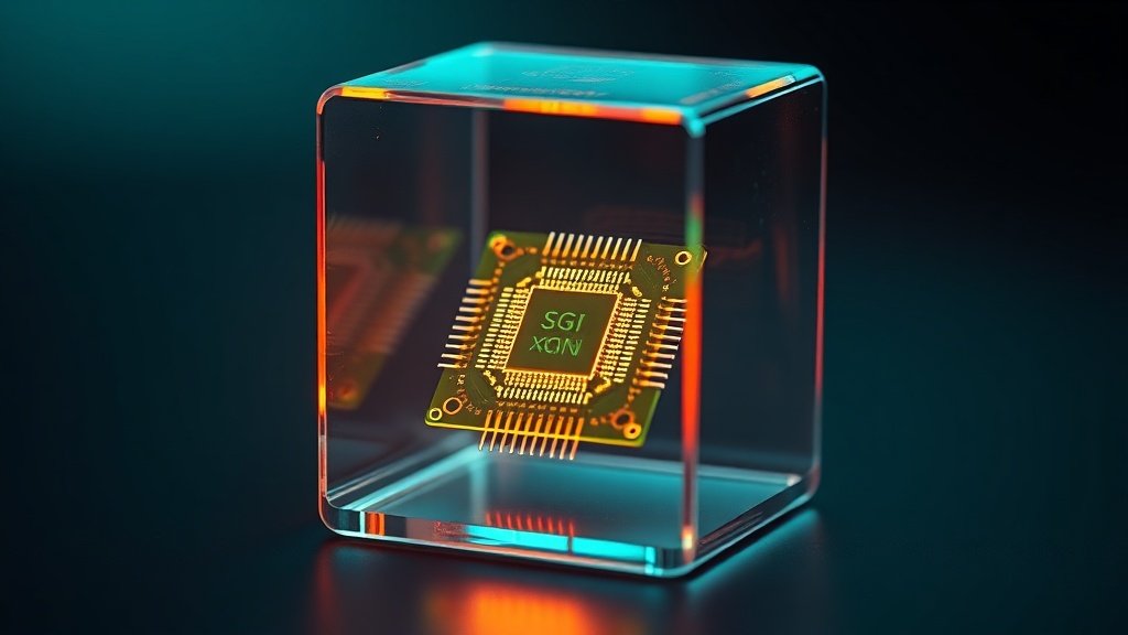 Macro photograph of a glowing green circuit board chip embedded in a transparent glass cube, symbolizing open-source AI models like Google Gemma 4 running locally on single GPU hardware, photorealistic editorial style with dramatic depth of field