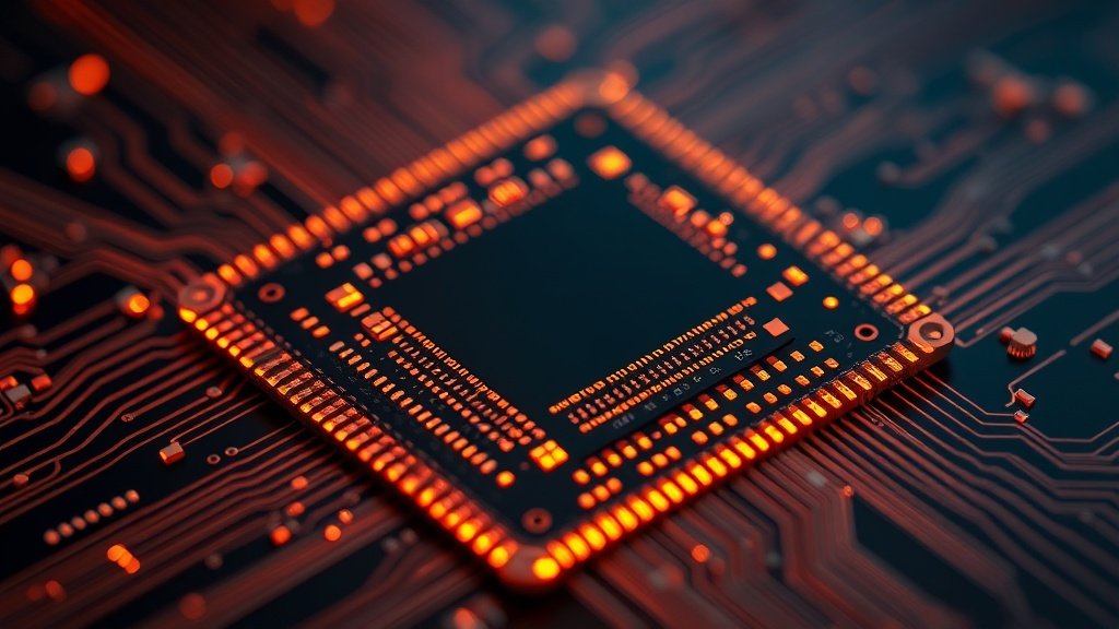 Fotorealistlik makrofotograafia detailne vaade elektroonilisest kiibist, kus hõõguvad vasktraadid ja silikoontäpid moodustavad keerulise mustri, sügav teravussügavus ja draamatiline valgustus